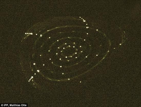 該系統(tǒng)初次測(cè)試時(shí)的圖像，顯示了熒光分支閉合的過程，使嵌套的磁場(chǎng)表面變得可見。